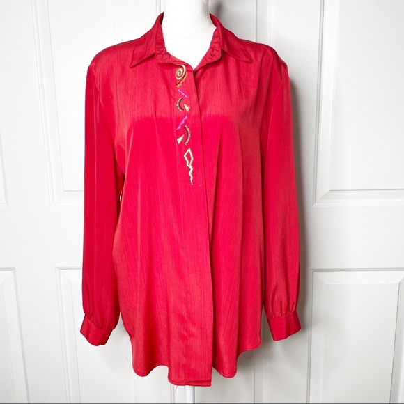 Vintage Tops - Vintage Jordana Red Embroidery Button up blouse